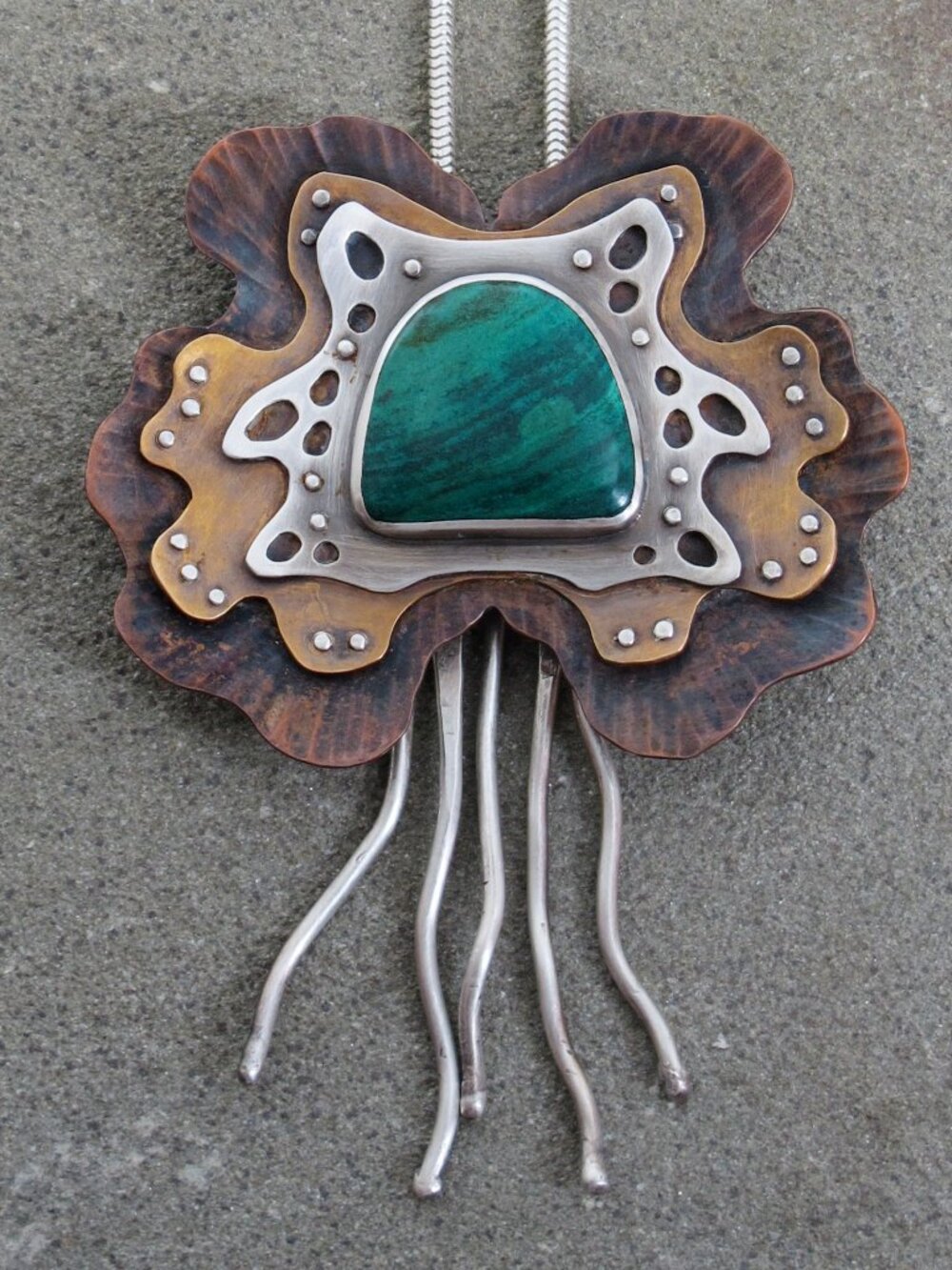 Malachite, Copper, Bronze & Sterling Silver Jellyfish Pendant, Artisan Made
